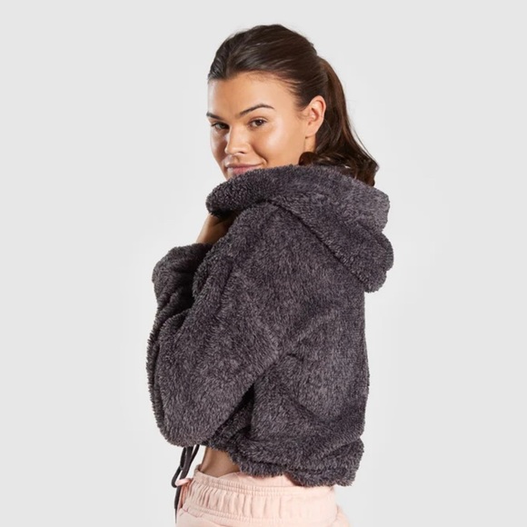 Gymshark XS Cozy Drawstring Zip Up Hoodie Cropped Women’s Dark Grey - Picture 3 of 6